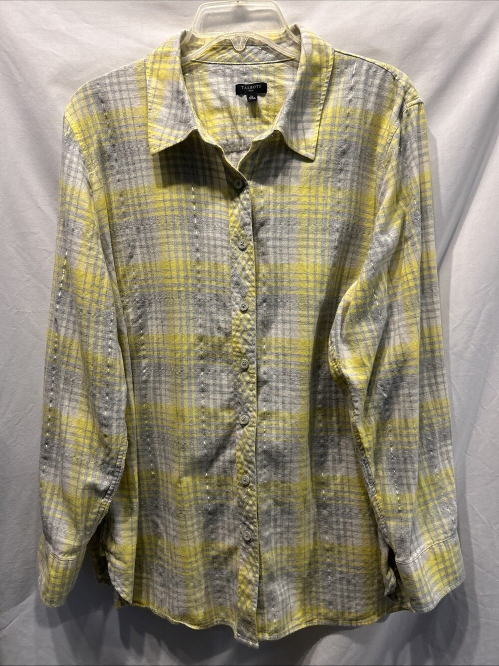 Talbots Plus 2X Flannel Button Up Shirt Long Sleeve Plaid Gold Accent Preppy